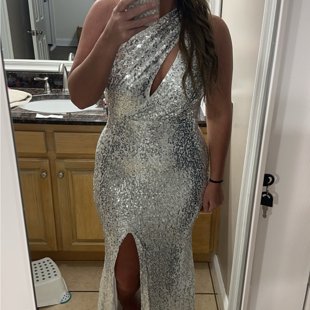 Silver Sequin Gown with Slit for Prom or Mardi Gras